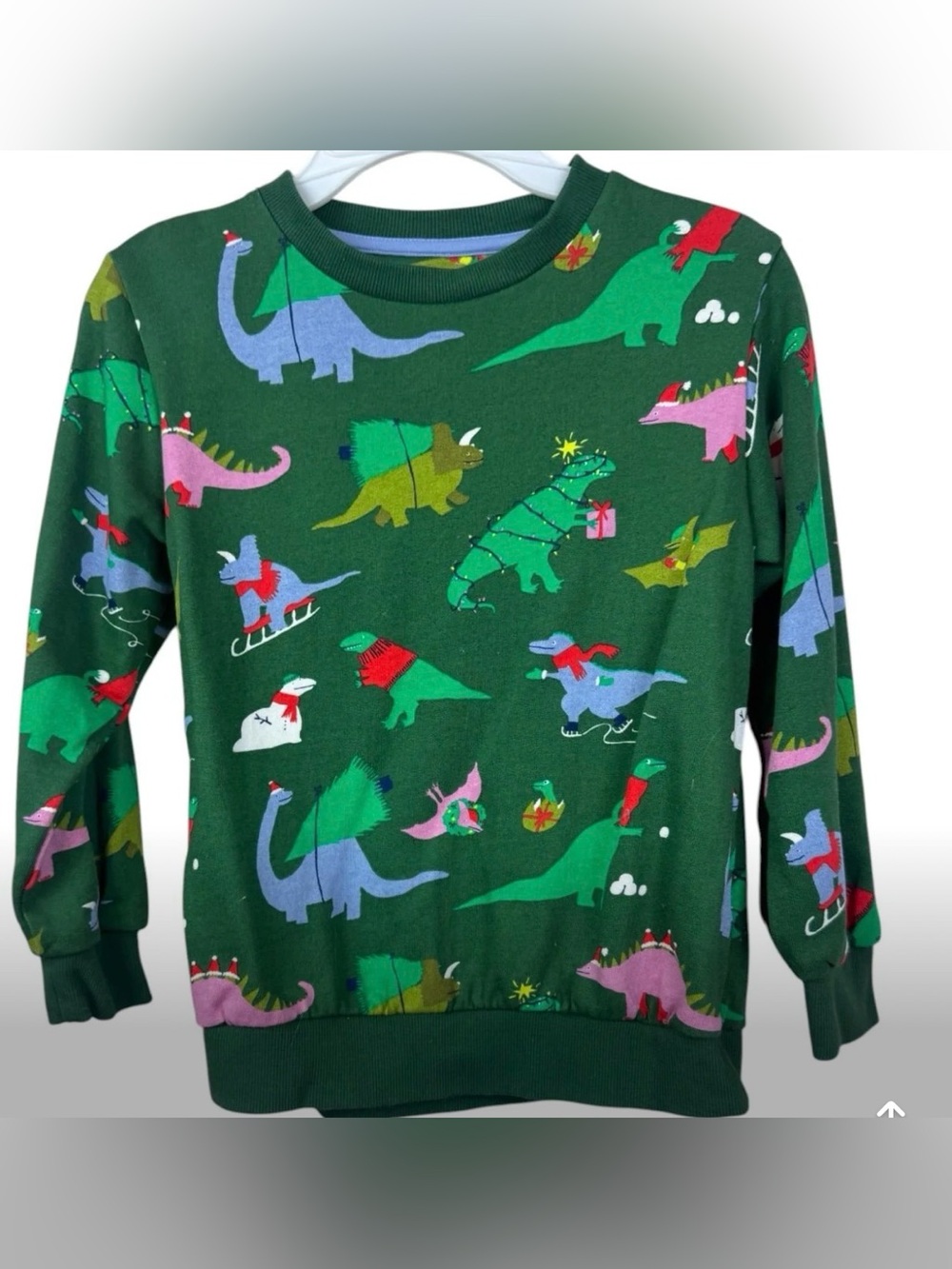 Mini Boden Holiday Dinosaur Green cotton sweatshirt Christmas winter boys 6-7 yr